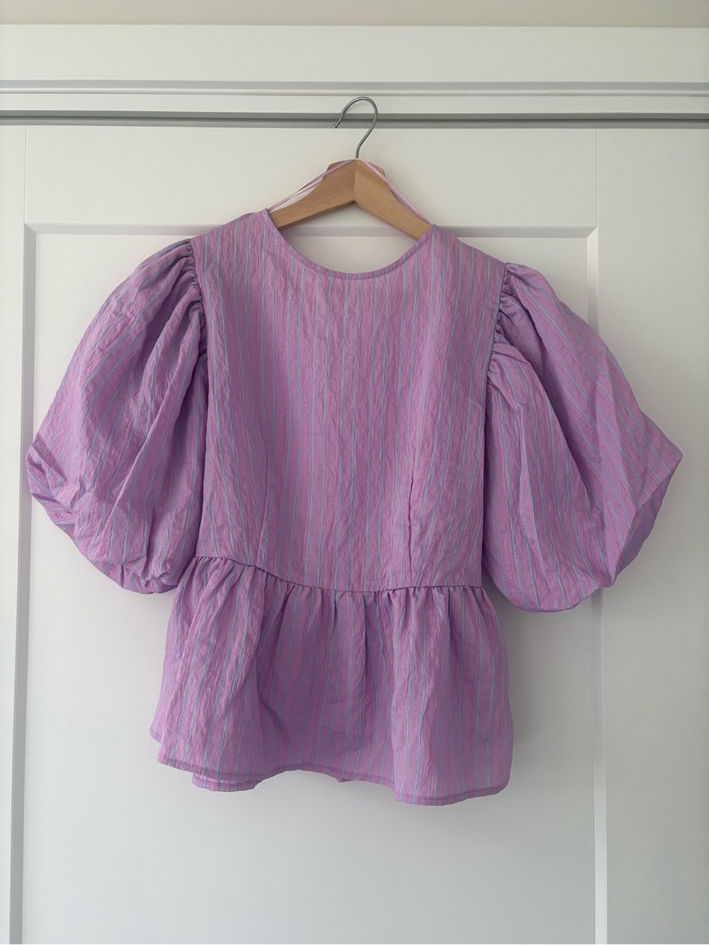 Zara Lilac Striped Puff-Sleeve Peplum Blouse - Picture 6 of 9